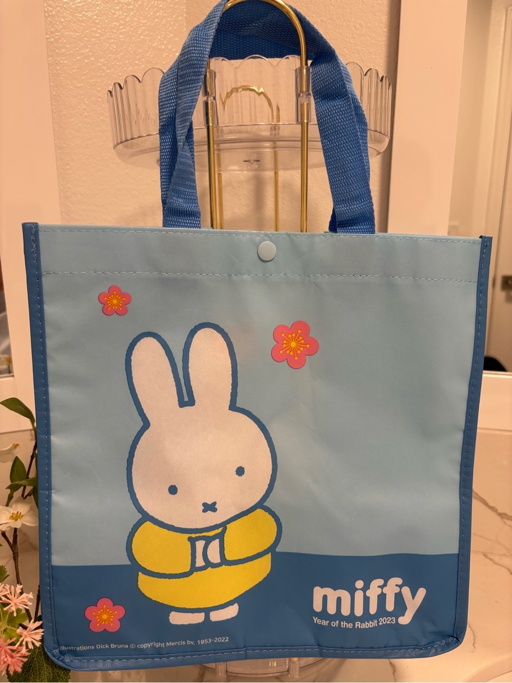Miffy Light Blue & Yellow Kids Tote with Pink Floral Accents